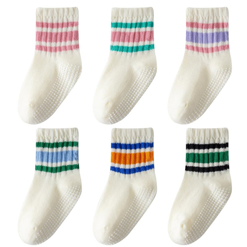 Wamvp Toddler Grip Socks with Non-Slip, Unisex Baby Retro Stripe Seamless Crew Ankle Cotton Socks for Girls Boys 6 Pairs,Colorful-2 3-5T - Image 1