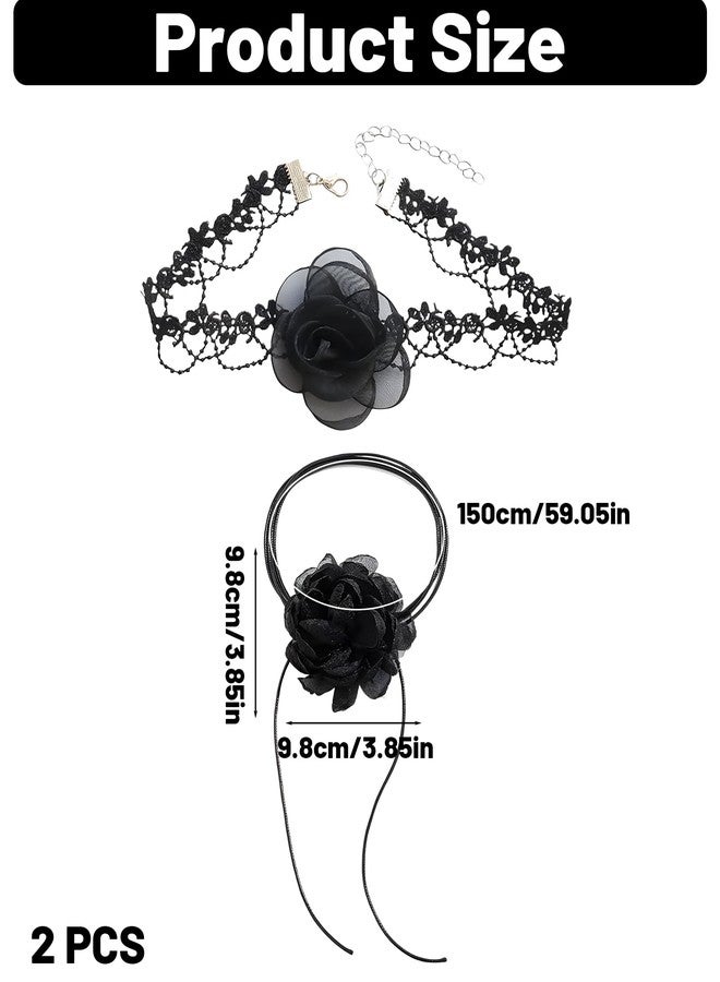FFZDENA 2PCS Black Necklace for Women, Black Choker for Women, Black Flower Necklace Set, Gothic Pendant Necklace for Women, Elegant Neck Choker for Parties, Weddings, and Special Occasions - Image 2