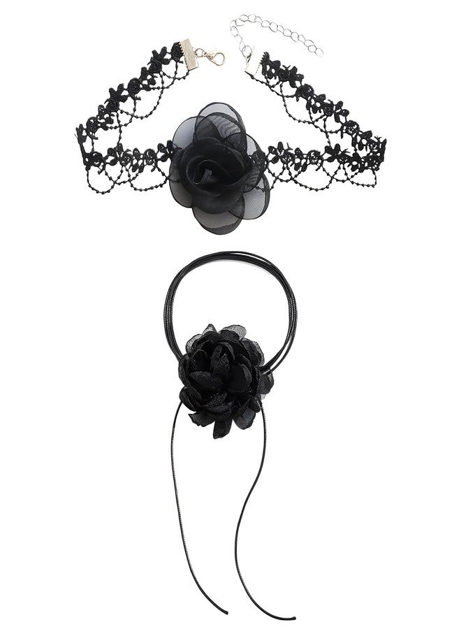 FFZDENA 2PCS Black Necklace for Women, Black Choker for Women, Black Flower Necklace Set, Gothic Pendant Necklace for Women, Elegant Neck Choker for Parties, Weddings, and Special Occasions - Image 1