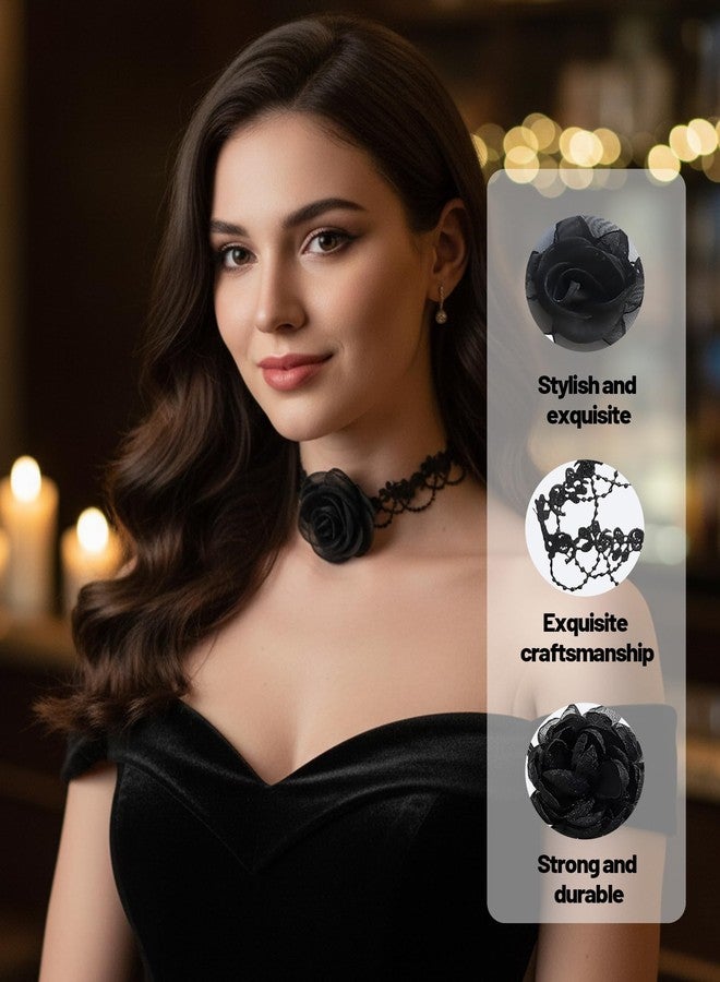 FFZDENA 2PCS Black Necklace for Women, Black Choker for Women, Black Flower Necklace Set, Gothic Pendant Necklace for Women, Elegant Neck Choker for Parties, Weddings, and Special Occasions - Image 3