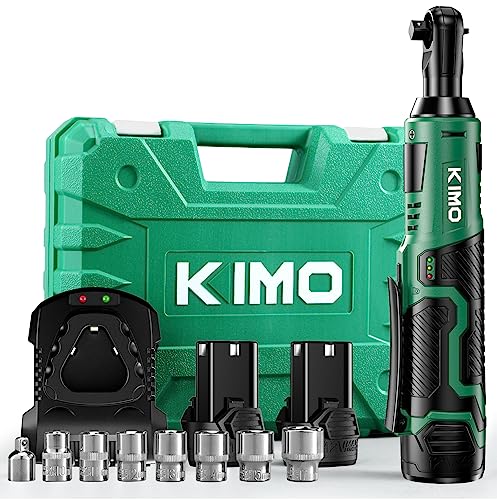 KIMO Cordless Electric Ratchet Wrench Set, 40Ft-lbs, 400RPM, 12V Cordless Ratchet Wrench 3/8" w/ 60-Min Charger, 7Sockets, 1/4" Adapter, Forward/Reverse Switch, 2x2.0Ah Battery, Variable Speed Trigger - Image 1