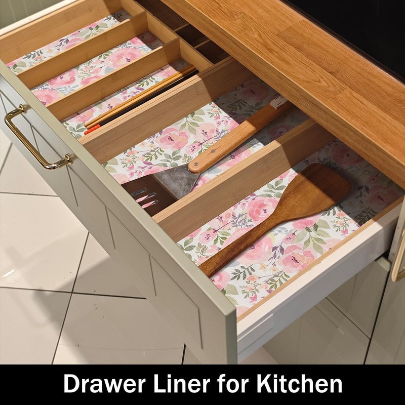 Amiitay Peach Peony Shelf and Drawer Liner for Kitchen,Non-Adhesive and Strong Non-Slip Floral Cabinet Drawer Liners for Kitchen Shelf, Waterproof Cupboard Liners,Easy to Clean,12IN x 10FT - Image 4