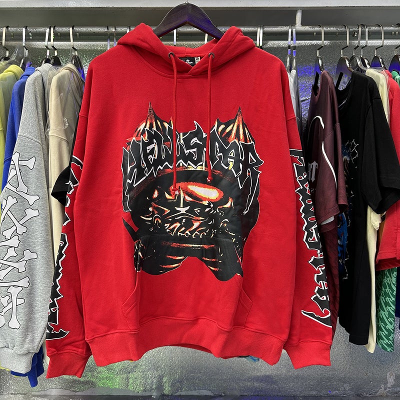 American Street Fashion Brand Retro Cracked Logo High Weight Loose Washed and Distressed Hooded Sweatshirt Mens Hoodie Suit 2232 red