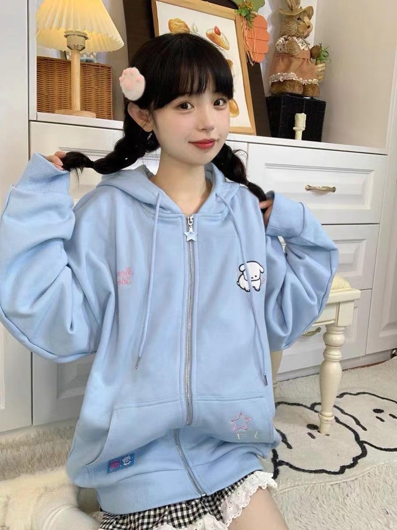 OATSBAS Kawaii Zip Up Hoodie Women Cute Cartoon Embroidery Oversized Pullover Sweatshirt Harajuku Kawaii Hooded Top (Small,Blue-Thick) - Image 3