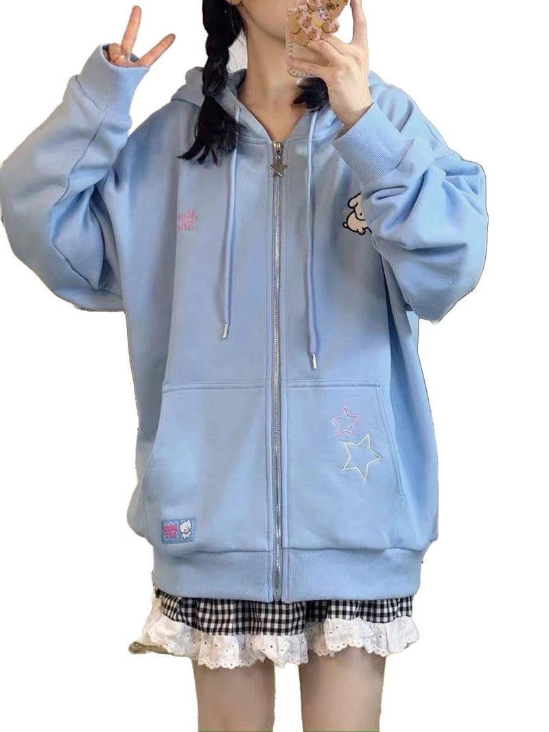 OATSBAS Kawaii Zip Up Hoodie Women Cute Cartoon Embroidery Oversized Pullover Sweatshirt Harajuku Kawaii Hooded Top (Small,Blue-Thick) - Image 1