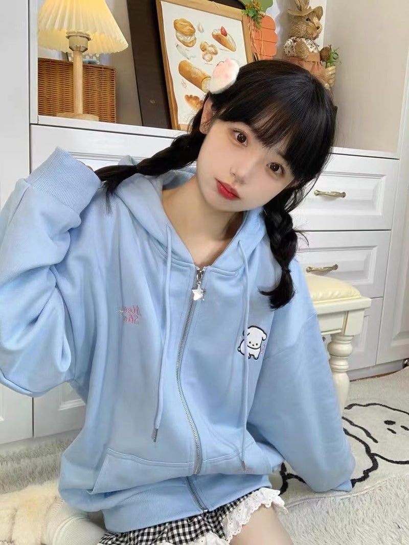 OATSBAS Kawaii Zip Up Hoodie Women Cute Cartoon Embroidery Oversized Pullover Sweatshirt Harajuku Kawaii Hooded Top (Small,Blue-Thick) - Image 4