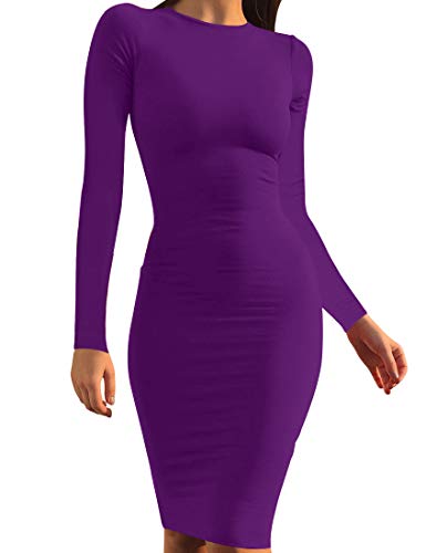 Mokoru Women's Casual Basic Pencil Dress Sexy Long Sleeve Bodycon Midi Club Dress, Medium, Dark Purple - Image 1