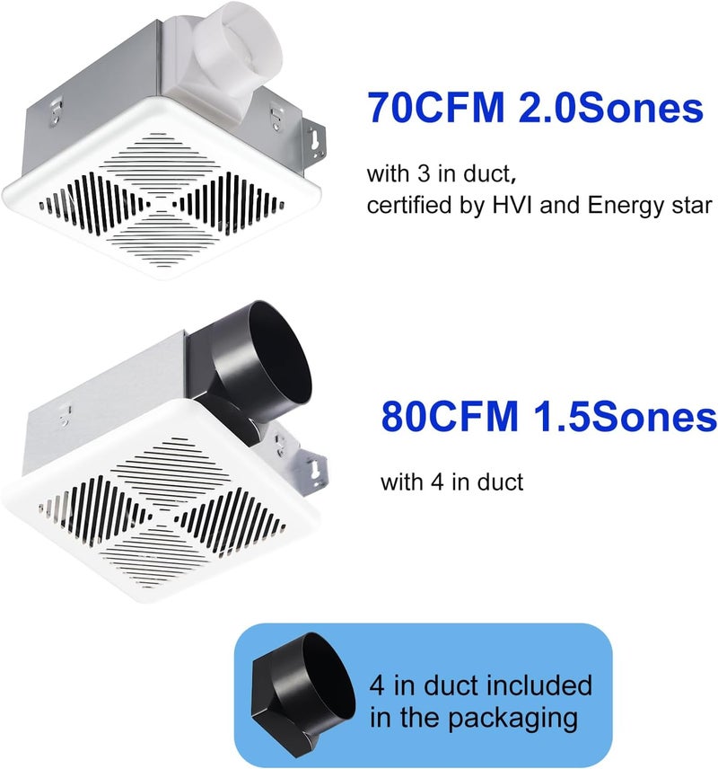 Tech Drive Very Quiet Bathroom Exhaust Fan - 80 CFM/70 CFM, 3&4-Inch Duct Included, Energy Star, No Attic Access, Ceiling Mounted for 75 Sq. Ft Bathrooms, Up to 80 CFM with 4-Inch Duct, White - Image 2