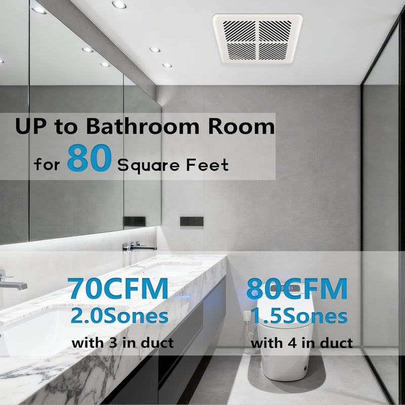 Tech Drive Very Quiet Bathroom Exhaust Fan - 80 CFM/70 CFM, 3&4-Inch Duct Included, Energy Star, No Attic Access, Ceiling Mounted for 75 Sq. Ft Bathrooms, Up to 80 CFM with 4-Inch Duct, White - Image 4