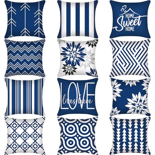 Flutesan 12 Pcs Decorative Throw Pillow Cover 18 x 18 Inch Modern Sofa Pillow case Geometric Floral Linen Square Cushion Covers for Home Living Room Bedroom Couch ChairBlue - Image 1