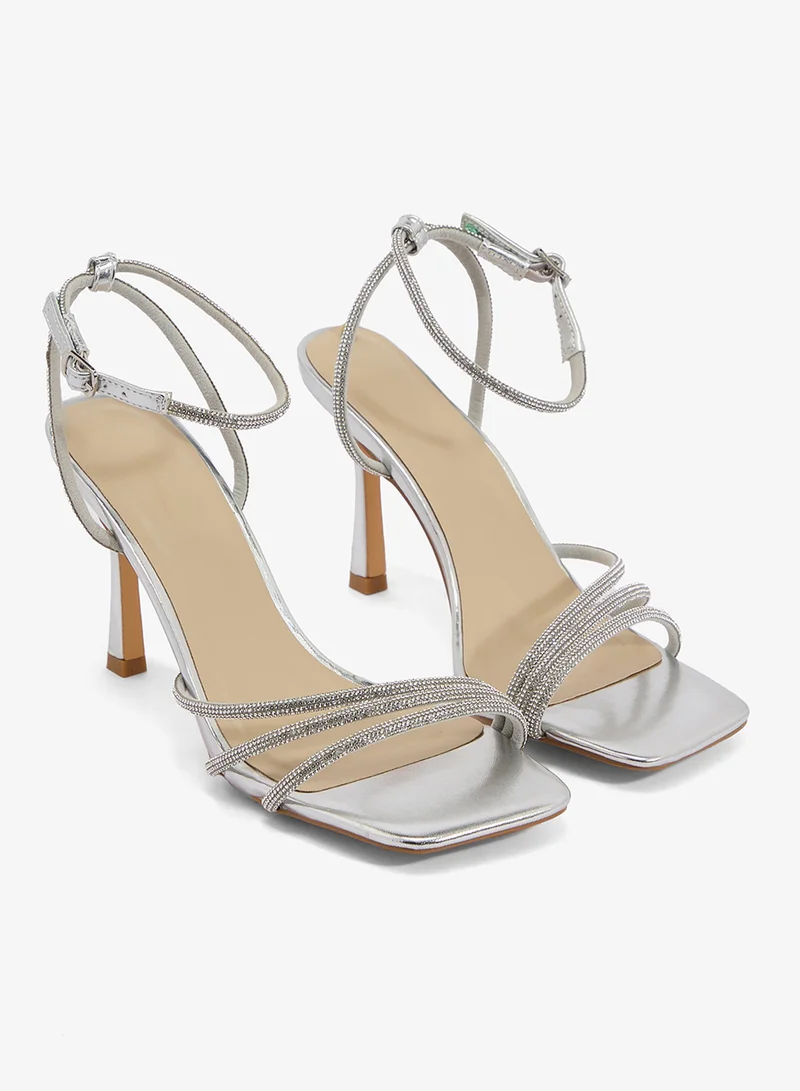 Truffle Silver Mid Heel Rhinestone Embellished Strap Detail Sandals for Women | Best Price UAE