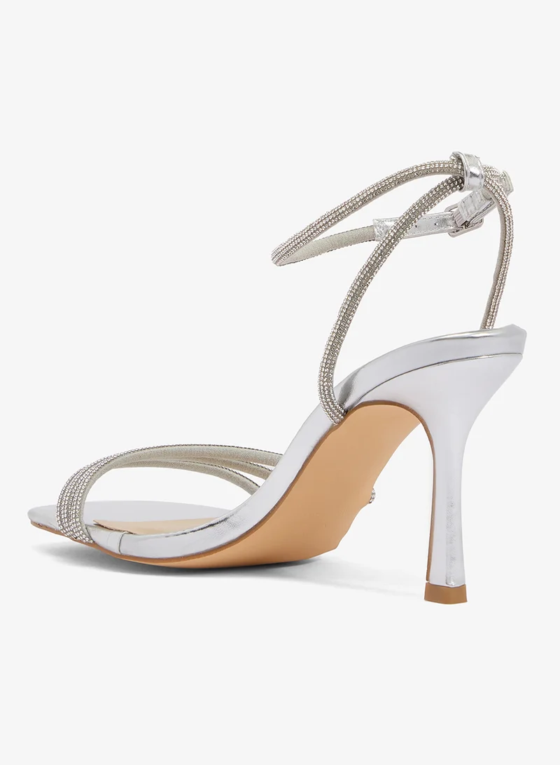 Truffle Silver Mid Heel Rhinestone Embellished Strap Detail Sandals for Women | Best Price UAE