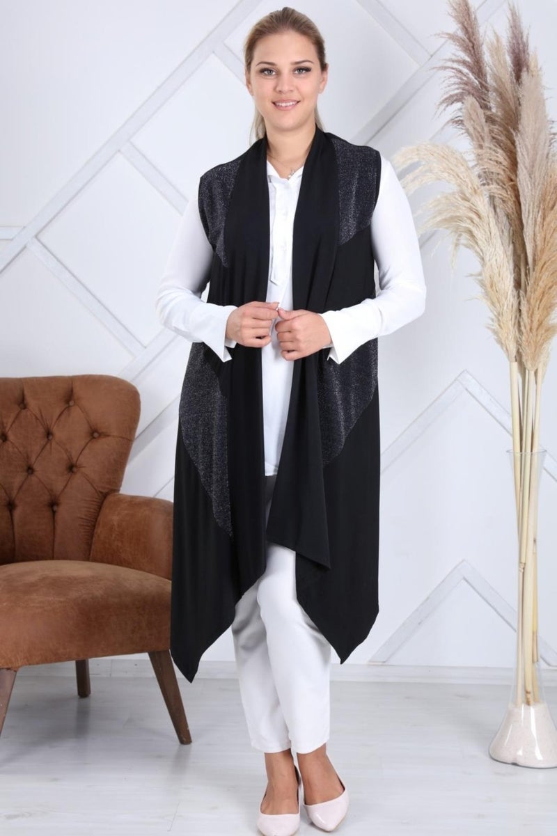 Hesna Women Sevda Diagonal Glittery Asymmetric Black Vest  - Image 1