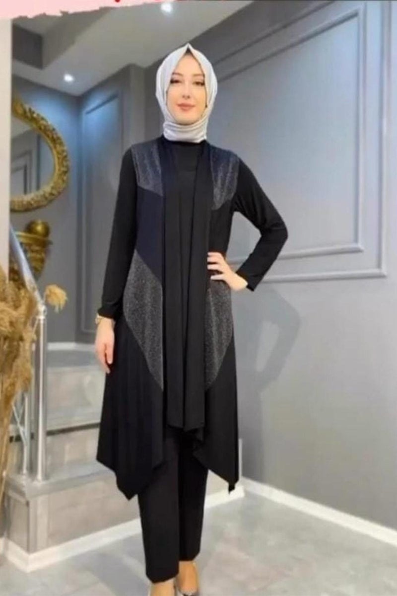 Hesna Women Sevda Diagonal Glittery Asymmetric Black Vest  - Image 4