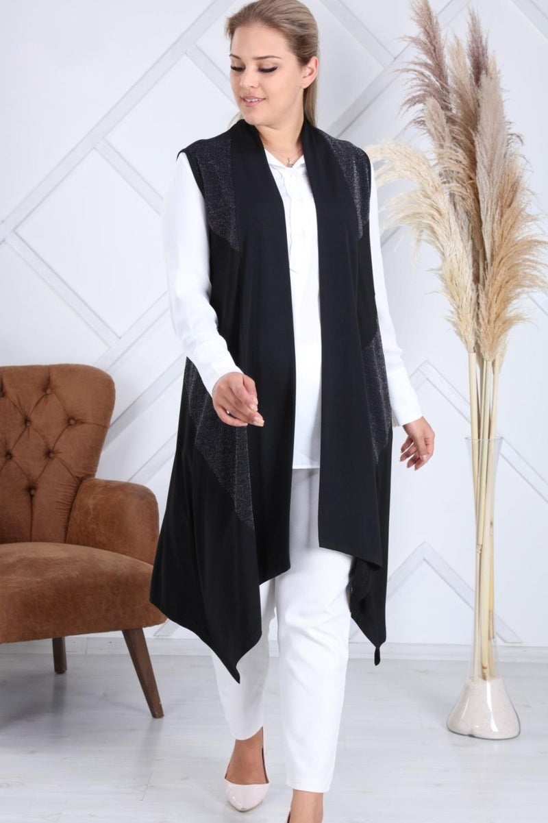 Hesna Women Sevda Diagonal Glittery Asymmetric Black Vest  - Image 2