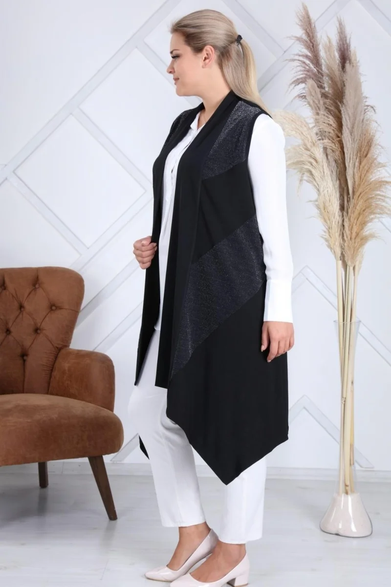 Hesna Women Sevda Diagonal Glittery Asymmetric Black Vest