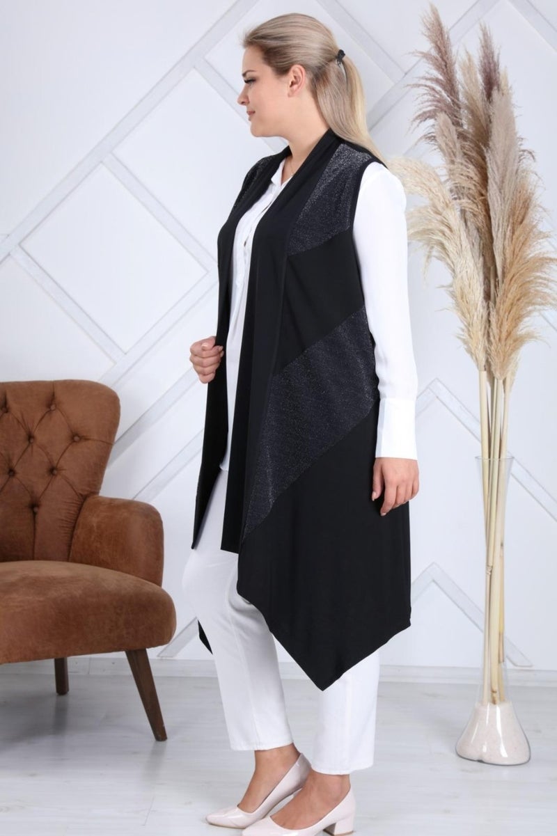 Hesna Women Sevda Diagonal Glittery Asymmetric Black Vest  - Image 3
