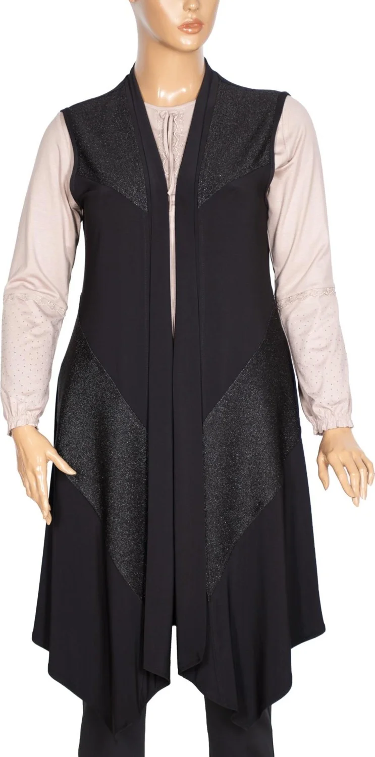 Hesna Women Sevda Diagonal Glittery Asymmetric Black Vest