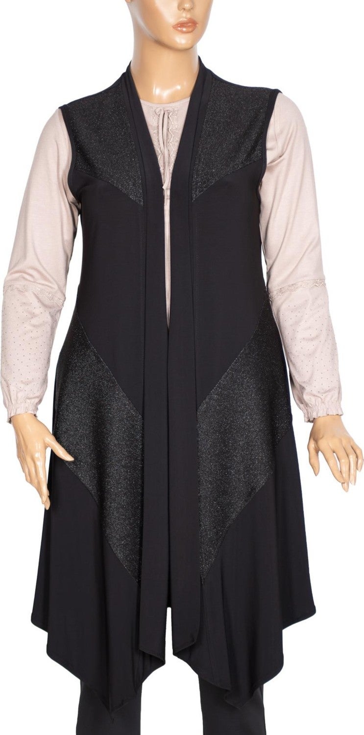 Hesna Women Sevda Diagonal Glittery Asymmetric Black Vest  - Image 5