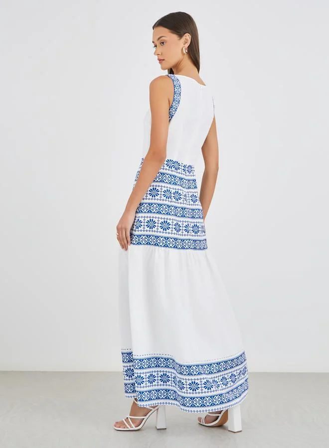 Styli Styli Aztec Digital Print Sleeveless A-Line Maxi Dress