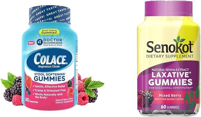 Colace Stool Softener Gummies 60ct  Senokot Laxative Gummies 60ct Bundle for Gentle Overnight Constipation Relief
