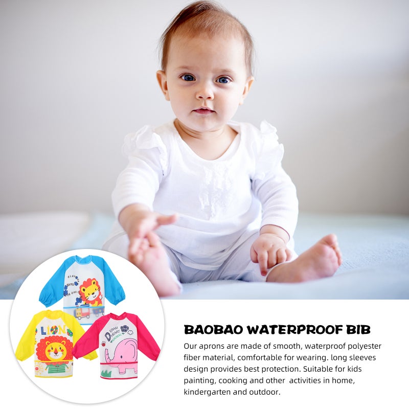 🧸 ثلاث قطع مآزر أطفال بأكمام طويلة مقاومة للماء قابلة للتنفس ملابس وأكل بمقاس موحد وأشكال عشوائية - Image 2