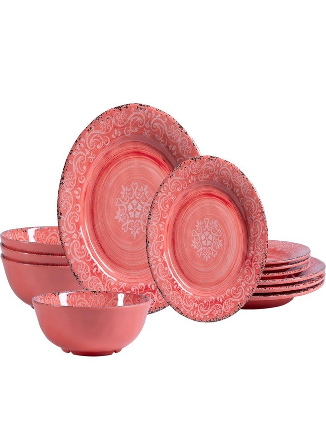 ZAROCRUS 12-Piece Farmhouse Melamine Dinnerware Set, Elegant Unbreakable plates and bowls sets, BPA Free Dinner Dishes serving Set, Service for 4, Perfect for Indoor/Outdoor Dining, Peach pink Red - Image 1