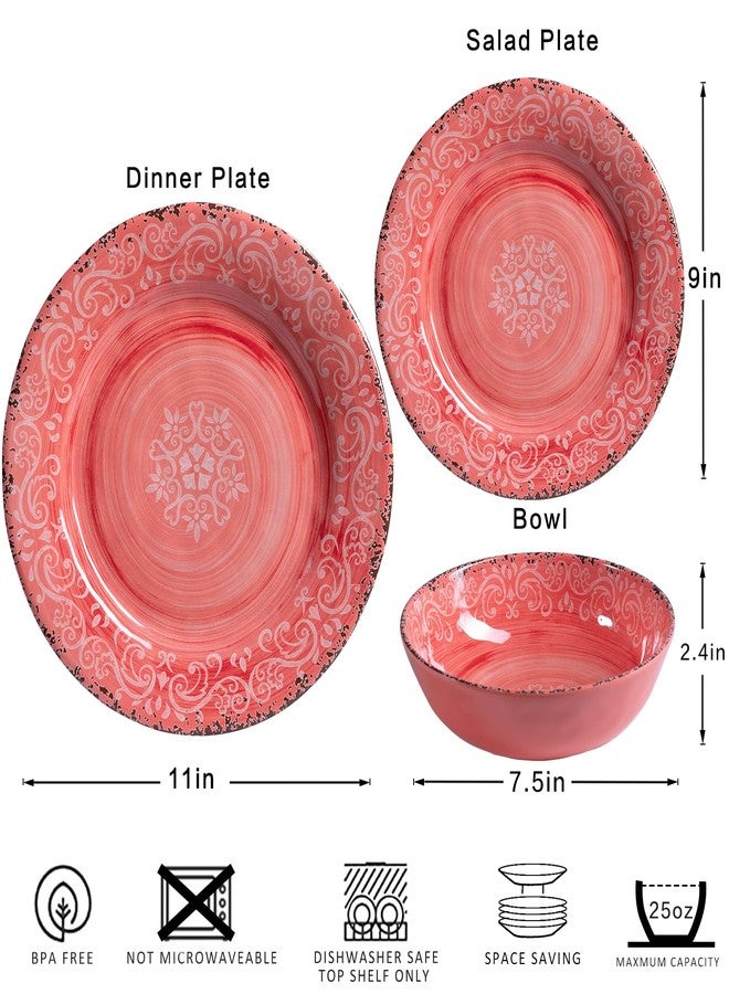ZAROCRUS 12-Piece Farmhouse Melamine Dinnerware Set, Elegant Unbreakable plates and bowls sets, BPA Free Dinner Dishes serving Set, Service for 4, Perfect for Indoor/Outdoor Dining, Peach pink Red - Image 5