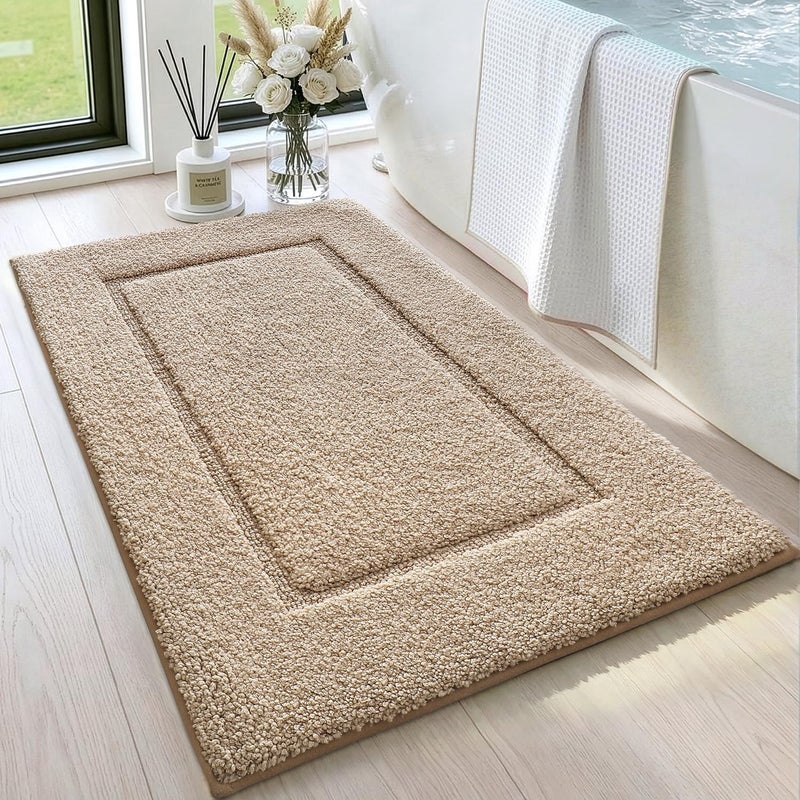 DEXI Bathroom Rugs 24x16, Washable Non Slip Bath Mat for Shower Floor, Absorbent Quick Dry Bathmat with Rubber Backing, Ultra Soft Plush Carpet for Tub, Beige - Image 1