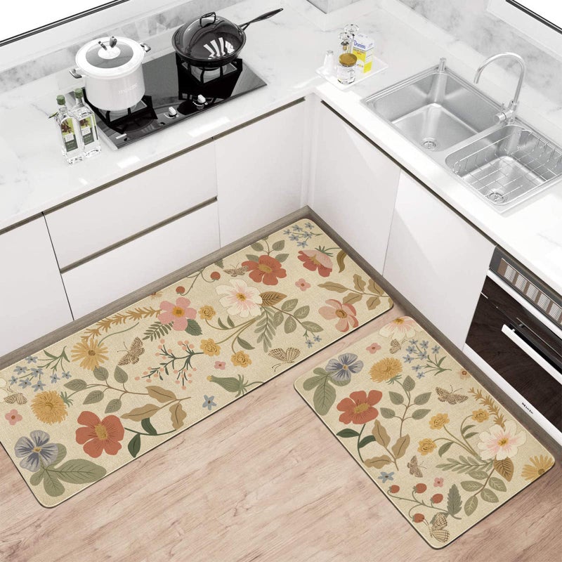 Xsinufn Boho Kitchen Mat Set of 2,Strawberry Floral Modern Farmhouse Kitchen Rugs and Mats Non Skid Washable,Bohemia Runner Rugs with Rubber Backing for Kitchen Decor Accessories (17"x47"+17"x30") - Image 2