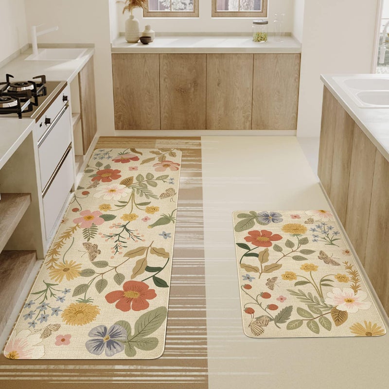 Xsinufn Boho Kitchen Mat Set of 2,Strawberry Floral Modern Farmhouse Kitchen Rugs and Mats Non Skid Washable,Bohemia Runner Rugs with Rubber Backing for Kitchen Decor Accessories (17"x47"+17"x30") - Image 3