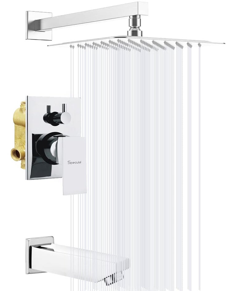 Specule Brass Concealed Body High Flow Diverter Full set With SS304 Grade 8Inch Overhead Shower and Bath Tub Spout Chrome Cubix - Image 1