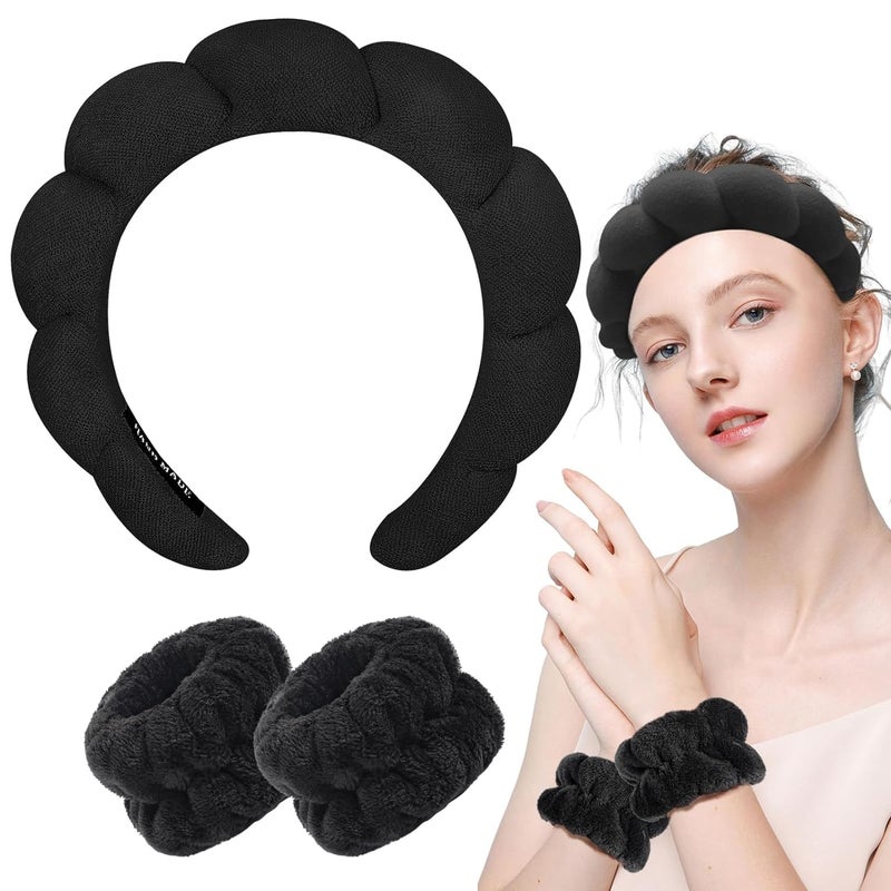 CORSULA Women 1Pcs Facial Spa Headband 2Pcs Wristband Combo Set, Black Makeup Headband And Wrist Washband Set For Face Washing, Skincare, Shower, Makeup Removal - Image 1