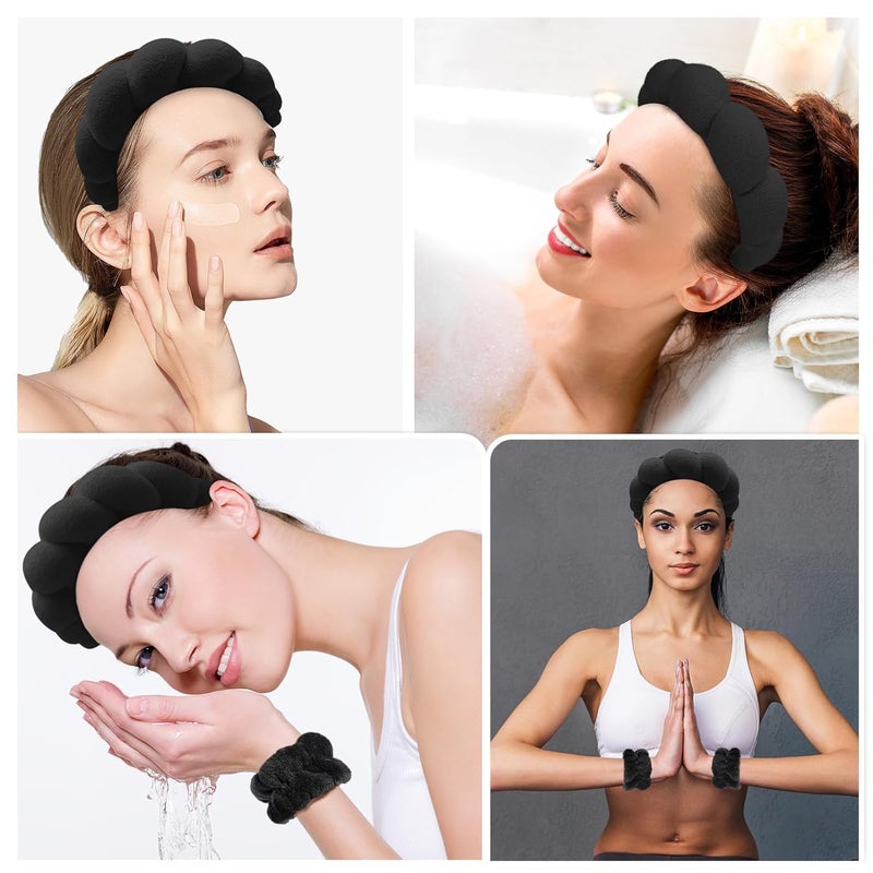 CORSULA Women 1Pcs Facial Spa Headband 2Pcs Wristband Combo Set, Black Makeup Headband And Wrist Washband Set For Face Washing, Skincare, Shower, Makeup Removal - Image 2