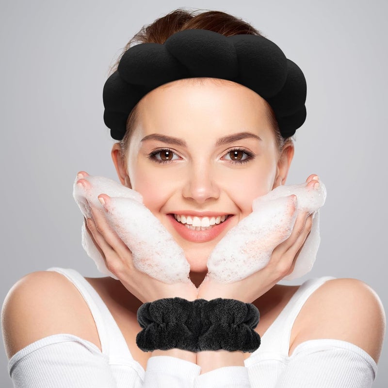 CORSULA Women 1Pcs Facial Spa Headband 2Pcs Wristband Combo Set, Black Makeup Headband And Wrist Washband Set For Face Washing, Skincare, Shower, Makeup Removal - Image 4