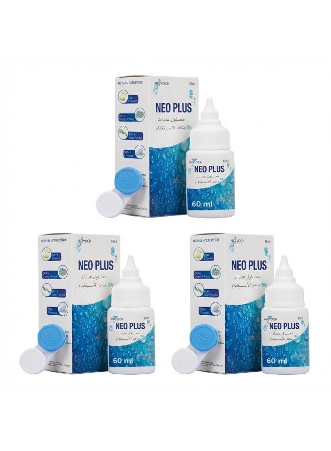 neo plus Multi-Purpose Contact Lens Solution Set 3 x 60ml Bottles with 3 Included Lens Cases - Image 1