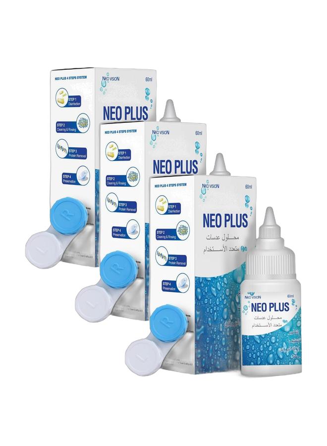 neo plus Multi-Purpose Contact Lens Solution Set 3 x 60ml Bottles with 3 Included Lens Cases - Image 2