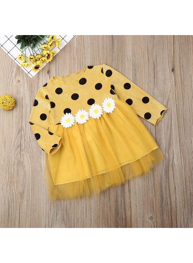 MiniMe Baby Girls’ Polka‑Dot Daisy Tulle Party Dress | 3 Years | Mustard Yellow | Cotton Rib & Soft Tulle | Lightweight, Breathable & Lined | Long Sleeves, Back Zipper | Perfect for Birthdays, Photos - Image 2