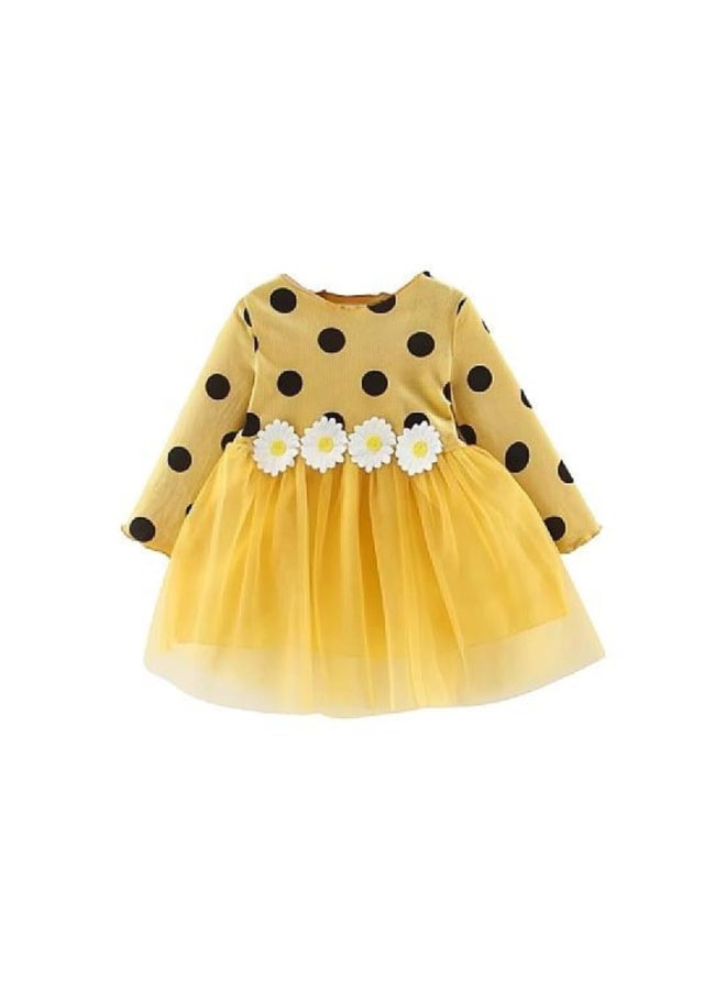 MiniMe Baby Girls’ Polka‑Dot Daisy Tulle Party Dress | 3 Years | Mustard Yellow | Cotton Rib & Soft Tulle | Lightweight, Breathable & Lined | Long Sleeves, Back Zipper | Perfect for Birthdays, Photos - Image 1