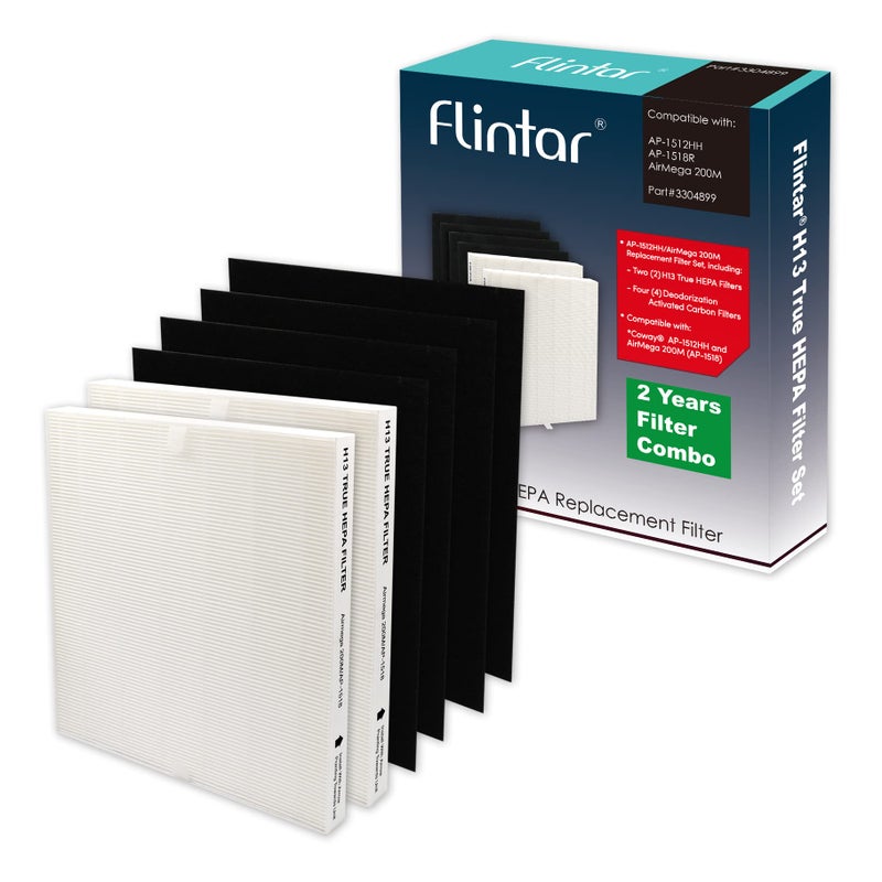 Flintar Replacement Air Filter Compatible with Coway Air Purifier AP1512HH and Airmega 200M 2 H13 Grade Main Filter and 4 Activated Carbon Filters 2Year Filter Pack