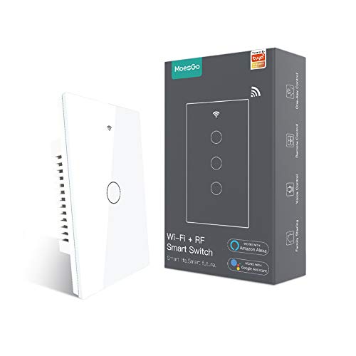 MoesGo WiFi Smart Wall Light Switch,Glass Panel, Multi-Control(3 Way), 2.4GHz Wi-Fi Touch Switches, Neutral Wire Required, Remote Control Smart Life/Tuya App, Work with Alexa, Google Home White 1 Gang - Image 1