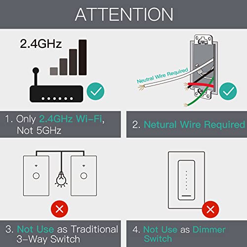 MoesGo WiFi Smart Wall Light Switch,Glass Panel, Multi-Control(3 Way), 2.4GHz Wi-Fi Touch Switches, Neutral Wire Required, Remote Control Smart Life/Tuya App, Work with Alexa, Google Home White 1 Gang - Image 2