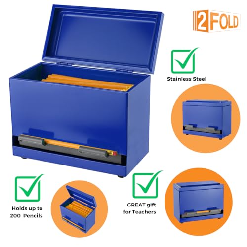 2Fold Pencil Dispenser for Classroom - Stainless Steel Bulk Pencil Holder for Desk - Includes Removable Label Stickers - Teacher Must Haves for Organization - Holds up to 200 Pencils (Blue) - Image 3