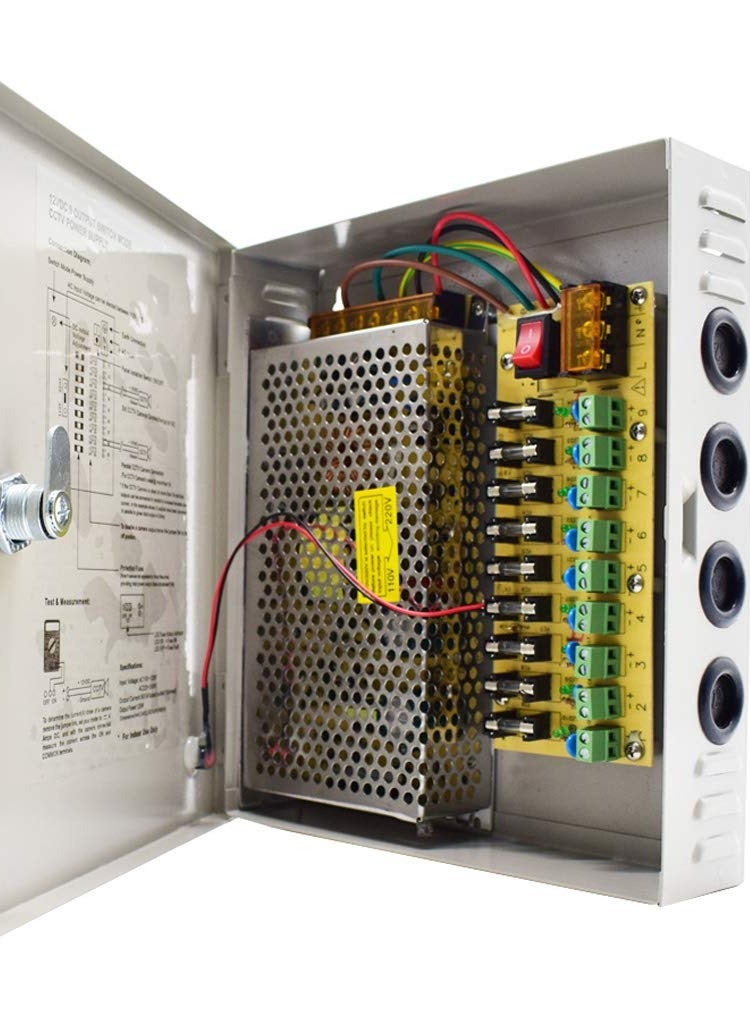 Lecxo CCTV Power Supply Output 12 V 10 A - 9 Channel Distributed Power Supply Port Box for CCTV Security System and Cameras