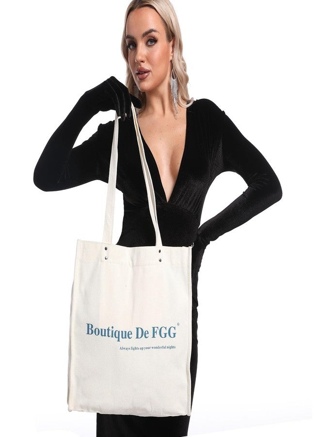 Boutique De FGG حقيبة تسوق نسائية من قماش سميك من بوتيك دي إف جي جي - حقيبة تسوق عصرية مطبوعة بحروف مع جيب داخلي للهاتف (أبيض) - Image 4