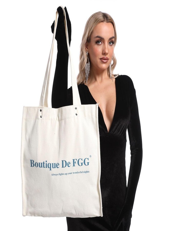 Boutique De FGG حقيبة تسوق نسائية من قماش سميك من بوتيك دي إف جي جي - حقيبة تسوق عصرية مطبوعة بحروف مع جيب داخلي للهاتف (أبيض) - Image 3