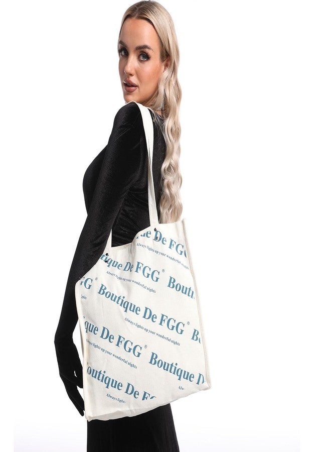 Boutique De FGG حقيبة تسوق نسائية من قماش سميك من بوتيك دي إف جي جي - حقيبة تسوق عصرية مطبوعة بحروف مع جيب داخلي للهاتف (أبيض) - Image 2