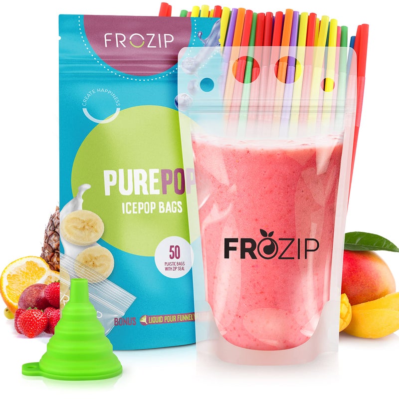 FROZIP Frozip 50pcs 16oz Drink Pouches for Adults  Drink Pouches with Straws x50  Funnel  Resealable Smoothie Pouches  Clear Juice Pouches for Adults  Drink Bag Plastic Pouches for Drinks with Straws 