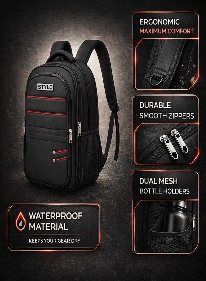 Stylo Laptop Backpack | Waterproof Business Travel Backpack for Men & Women | Lightweight Office, School Bag with Multiple Compartments, Smooth Zippers & Bottle Holders | Black - Image 3