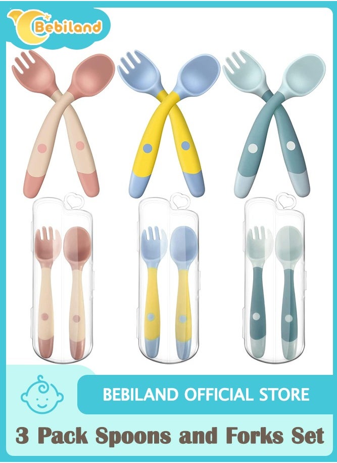 Bebiland 3 Pack Toddler Utensils Baby Spoons and Forks Set with Case Bendable Self Feeding Training Flatware Silicone Spoon Fork for Kids Babies Children Handle Toddler Set, Green, Pink, Yellow  - Image 1